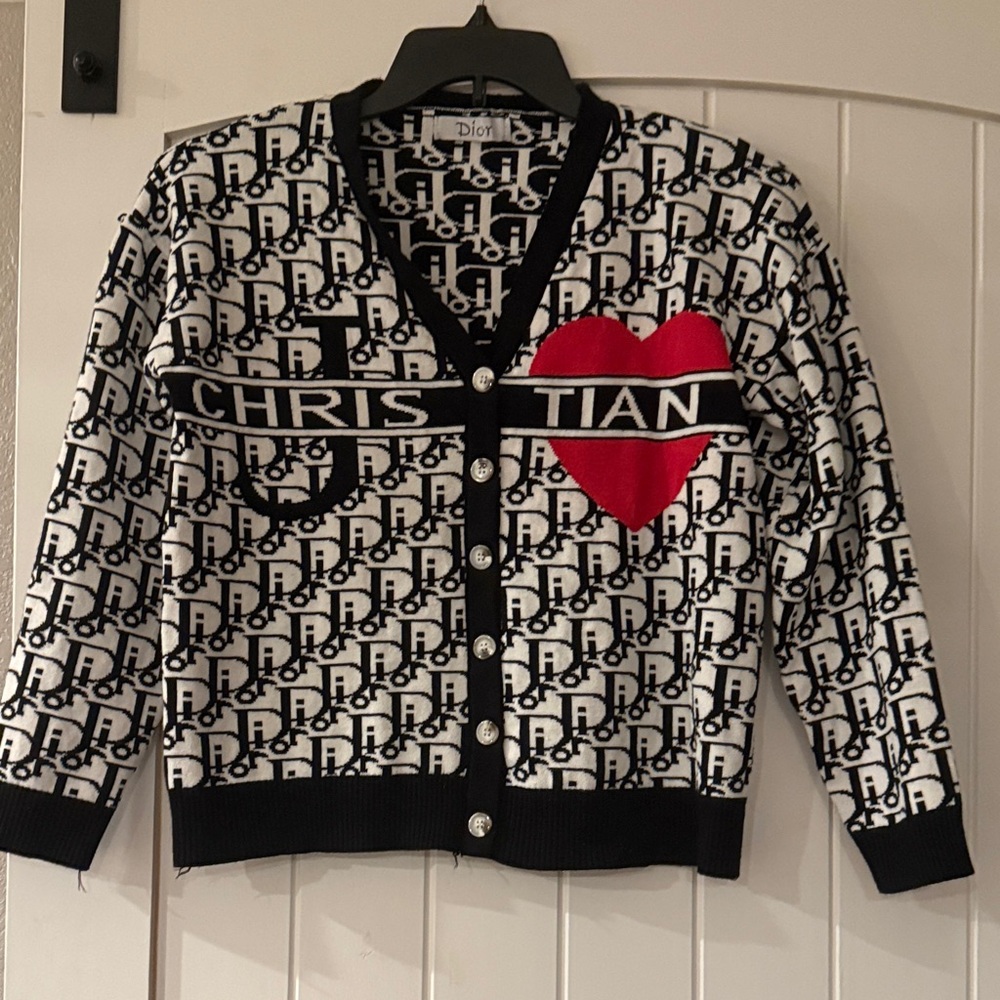 Dior Monogram Cardigan with Red Heart Accent